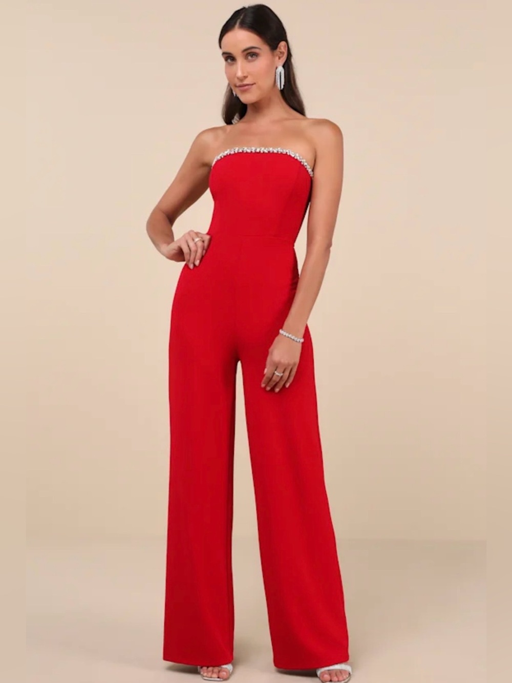 NWT Lulu's Strapless Red Wide-Leg Jumpsuit with Jeweled Trim XS see description